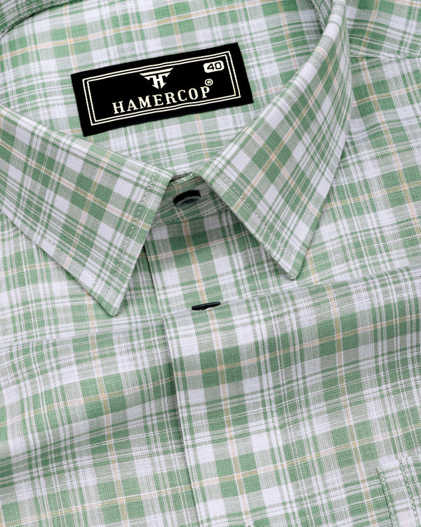 Velis Green With White Check Linen Cotton Formal Shirt