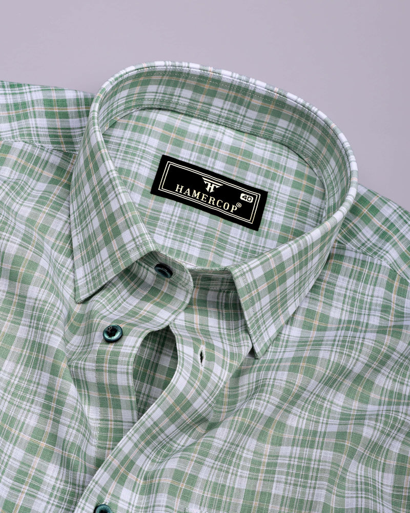 Velis Green With White Check Linen Cotton Formal Shirt