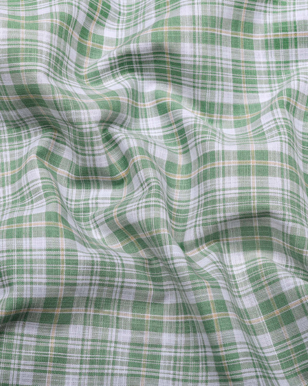 Velis Green With White Check Linen Cotton Formal Shirt