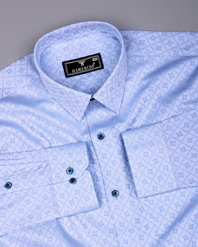 Glacier Blue With White Jacquard Cotton Shirt