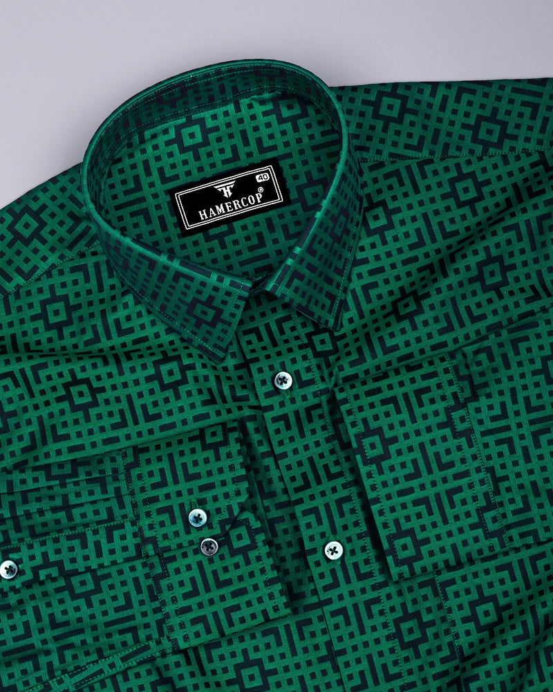 Thor Green With Black Jacquard Textured Cotton Shirt
