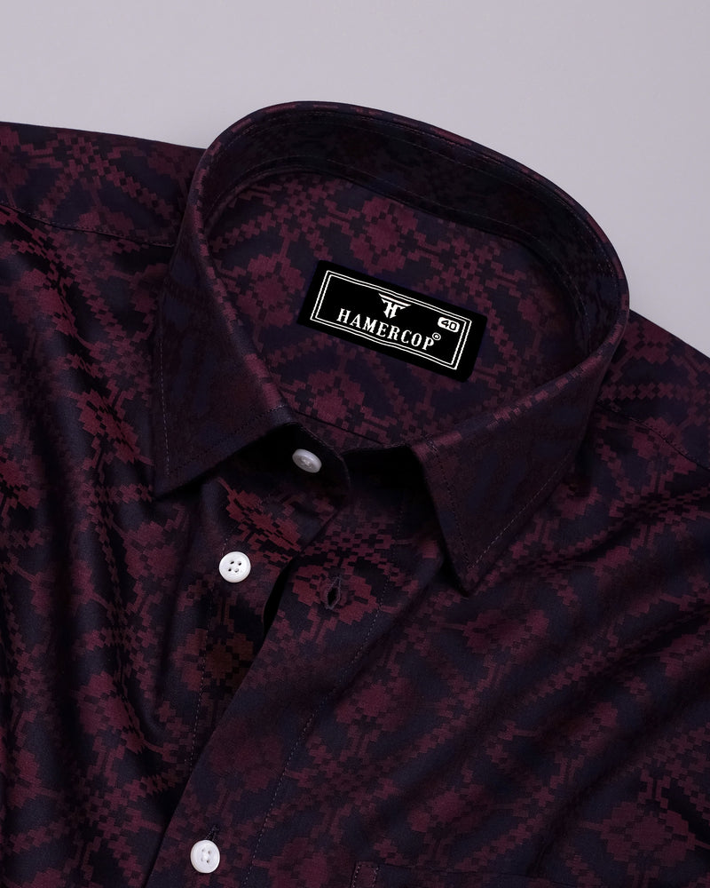 Topeka Maroon With Black Jacquard Textured Cotton Shirt
