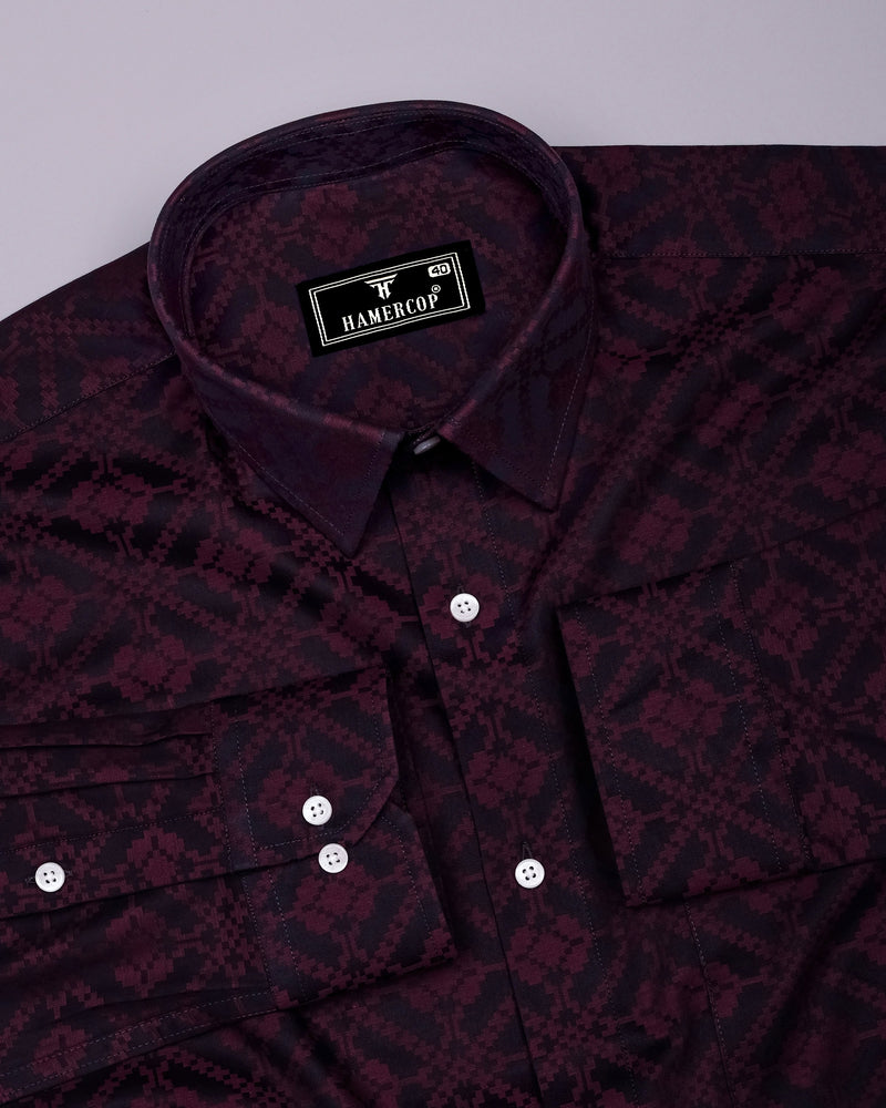 Topeka Maroon With Black Jacquard Textured Cotton Shirt