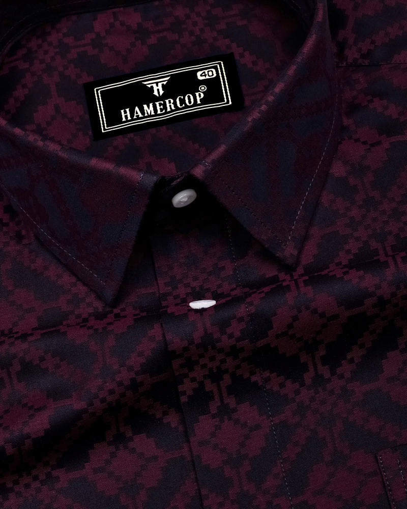Topeka Maroon With Black Jacquard Textured Cotton Shirt