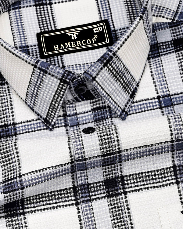 Logten White With Blue Waffle Check Dobby Cotton Shirt