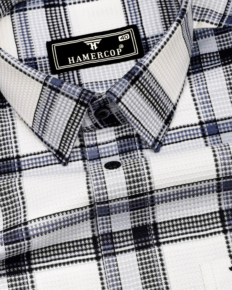 Logten White With Blue Waffle Check Dobby Cotton Shirt