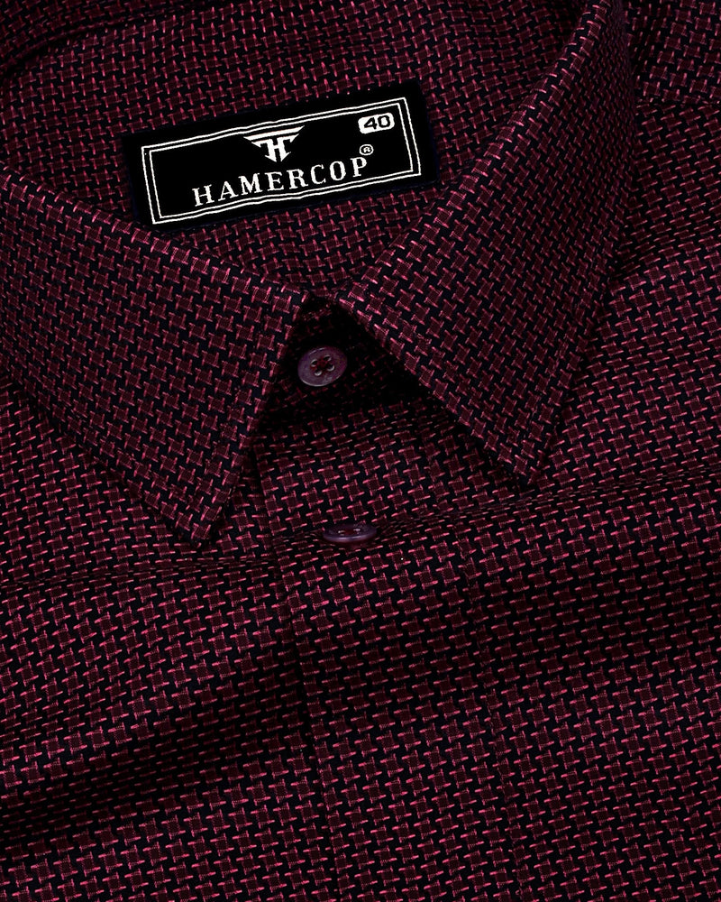 Burnt Burgundy With Black Houndstooth Dobby Cotton Shirt