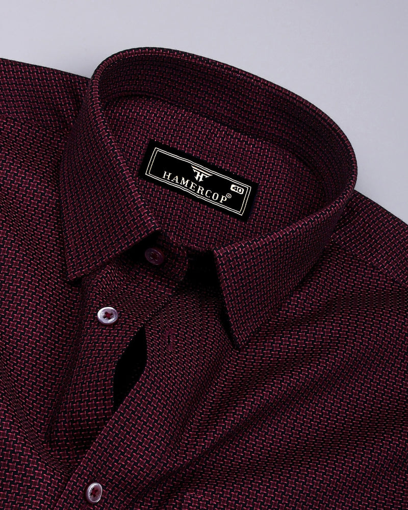 Burnt Burgundy With Black Houndstooth Dobby Cotton Shirt
