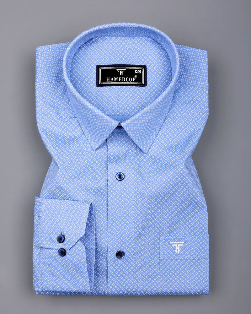 Pivot Blue With White Printed Cotton Formal Shirt