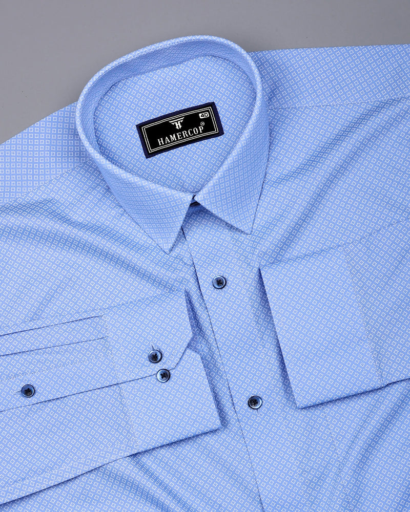 Pivot Blue With White Printed Cotton Formal Shirt