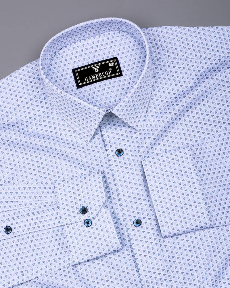 Fluffy White With Blue Printed Premium Cotton Formal Shirt