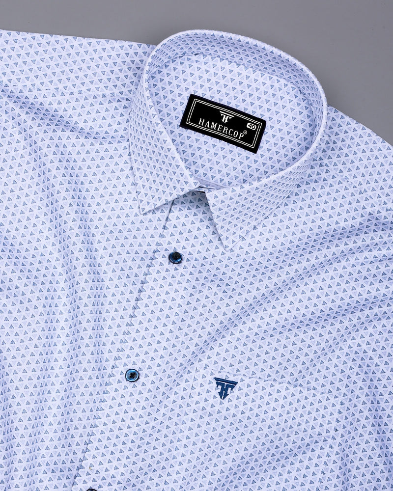 Fluffy White With Blue Printed Premium Cotton Formal Shirt