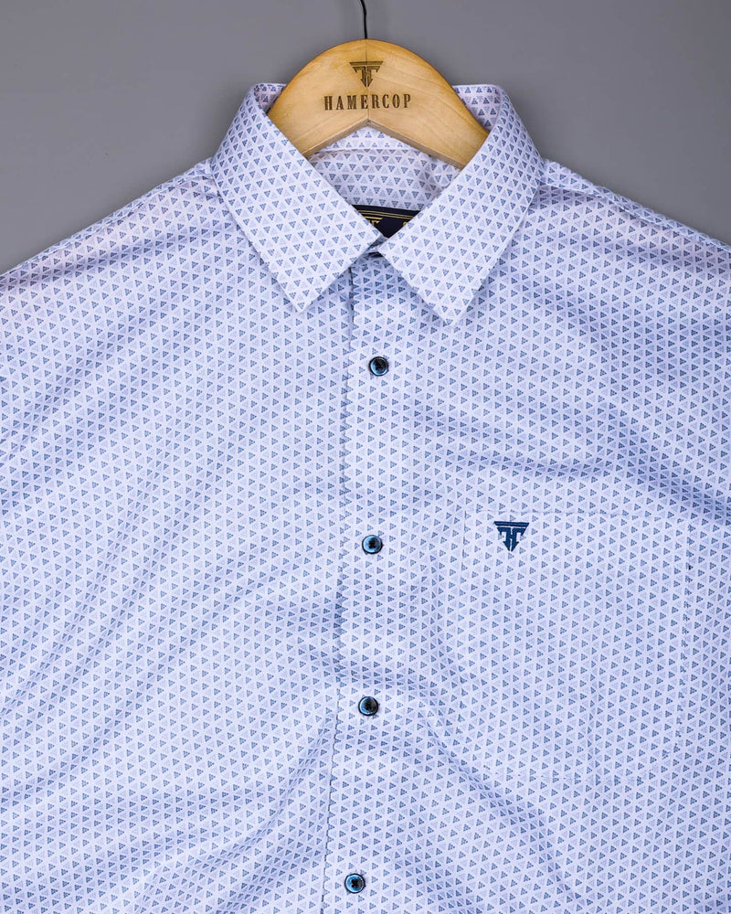 Fluffy White With Blue Printed Premium Cotton Formal Shirt