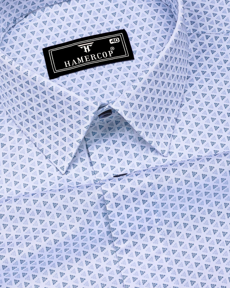Fluffy White With Blue Printed Premium Cotton Formal Shirt