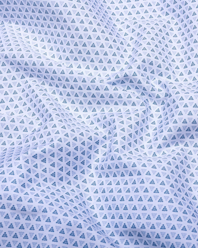 Fluffy White With Blue Printed Premium Cotton Formal Shirt