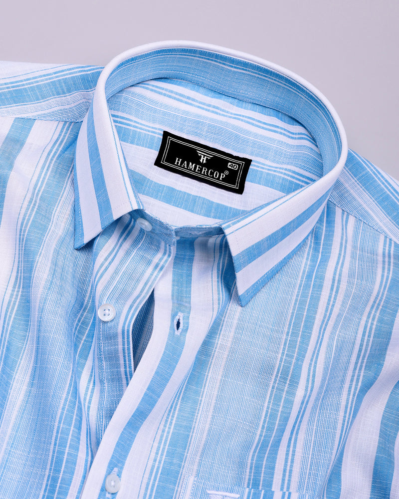 River Blue With White Stripe Linen Cotton Formal Shirt