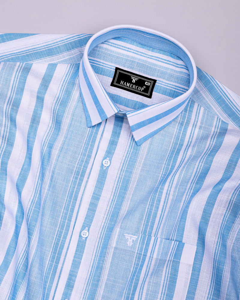 River Blue With White Stripe Linen Cotton Formal Shirt