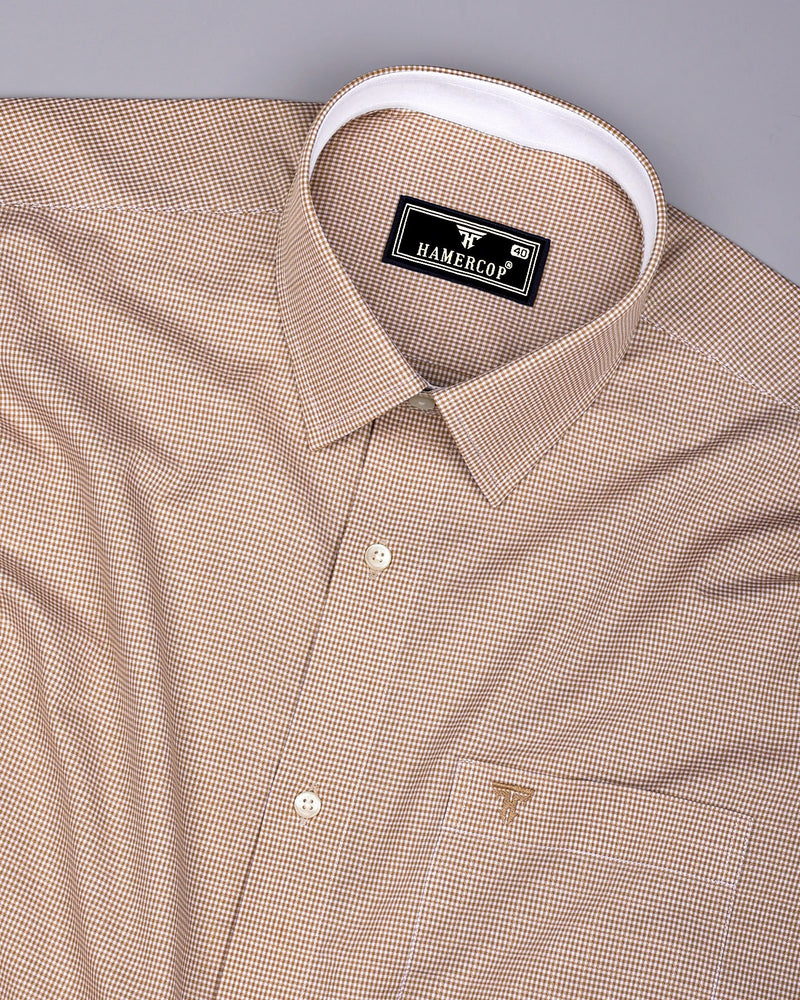 Oat Cream With White Micro Check Cotton Designer Shirt