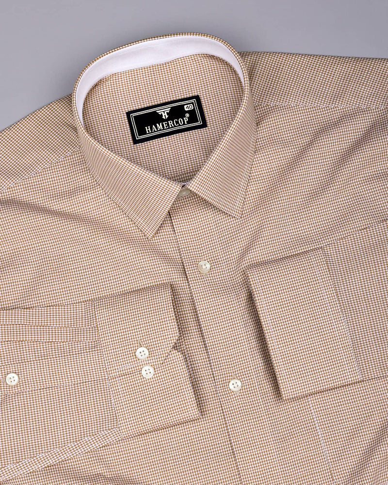 Oat Cream With White Micro Check Cotton Designer Shirt
