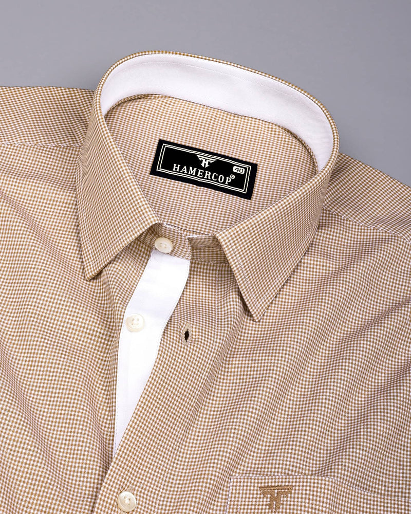 Oat Cream With White Micro Check Cotton Designer Shirt