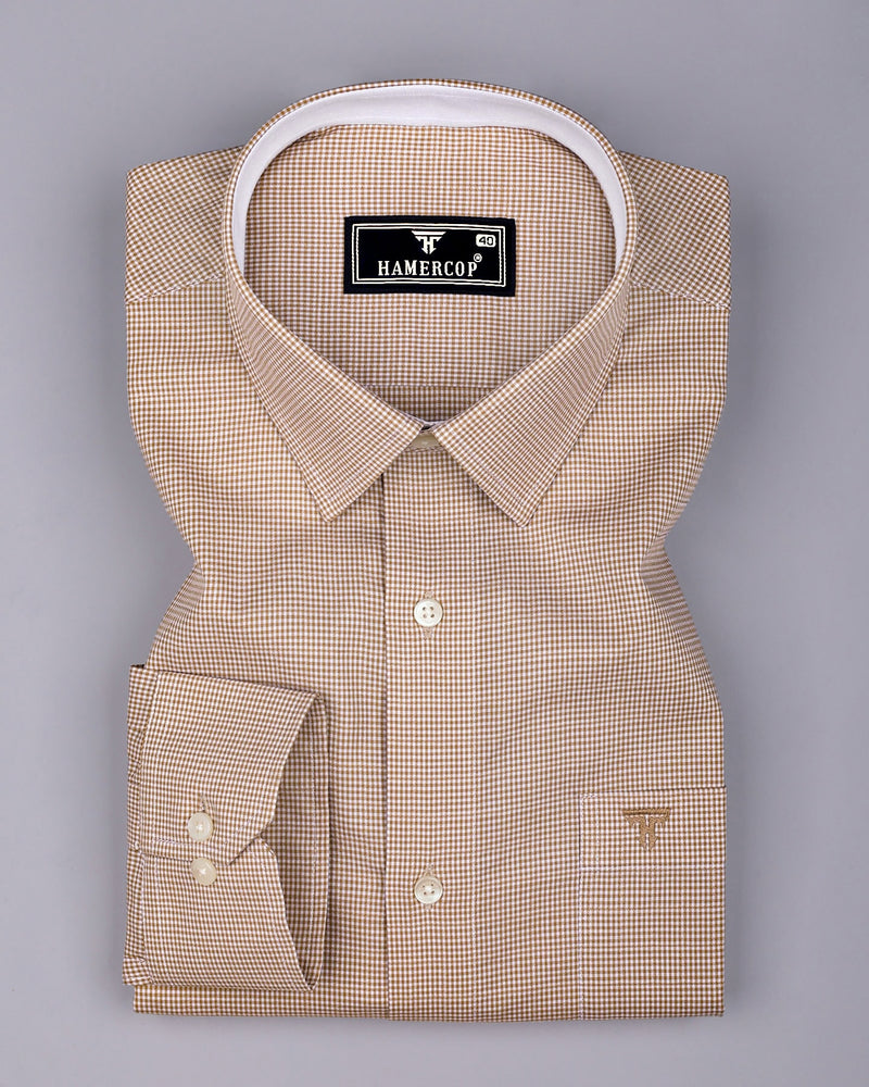 Oat Cream With White Micro Check Cotton Designer Shirt