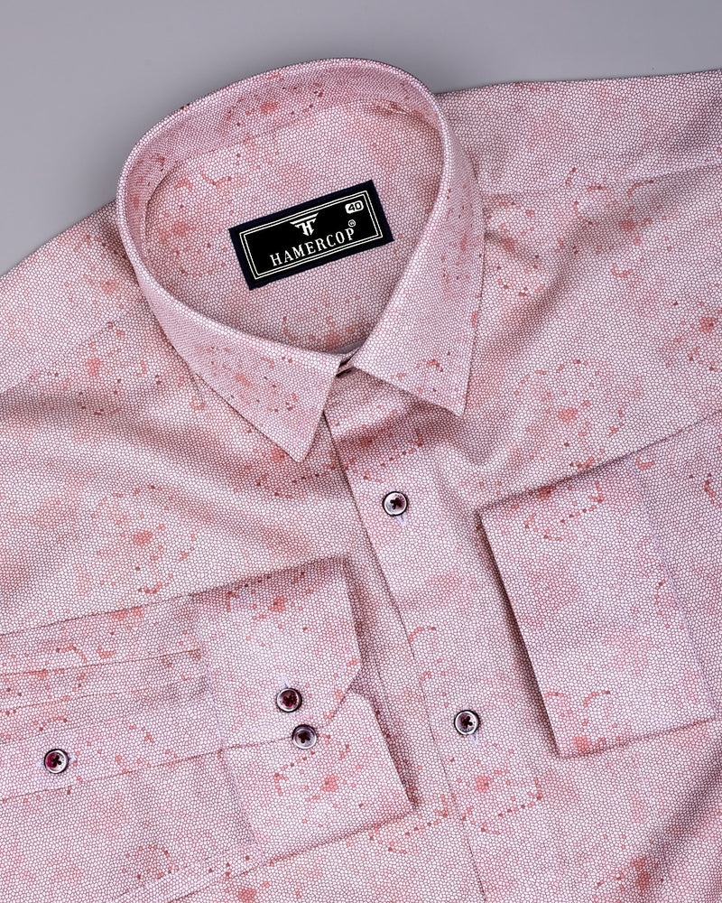 Virgo Salmon Orange With White Printed Cotton Shirt