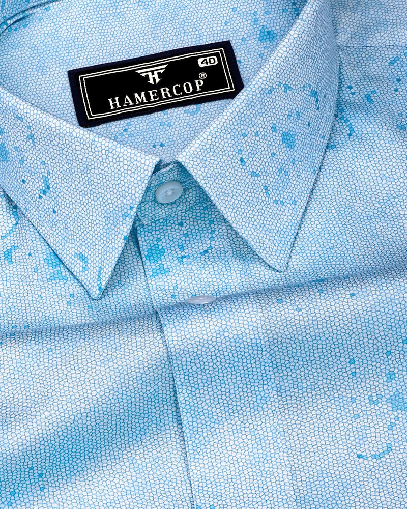 Virgo Water Blue With White Printed Cotton Shirt