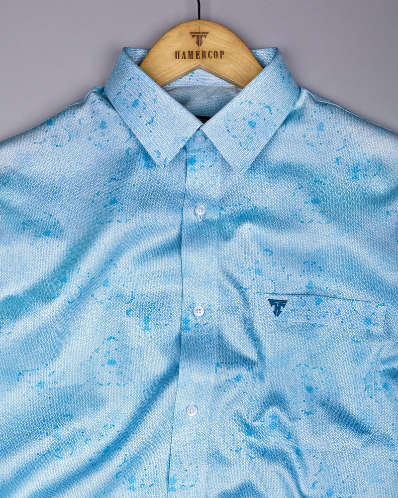 Virgo Water Blue With White Printed Cotton Shirt