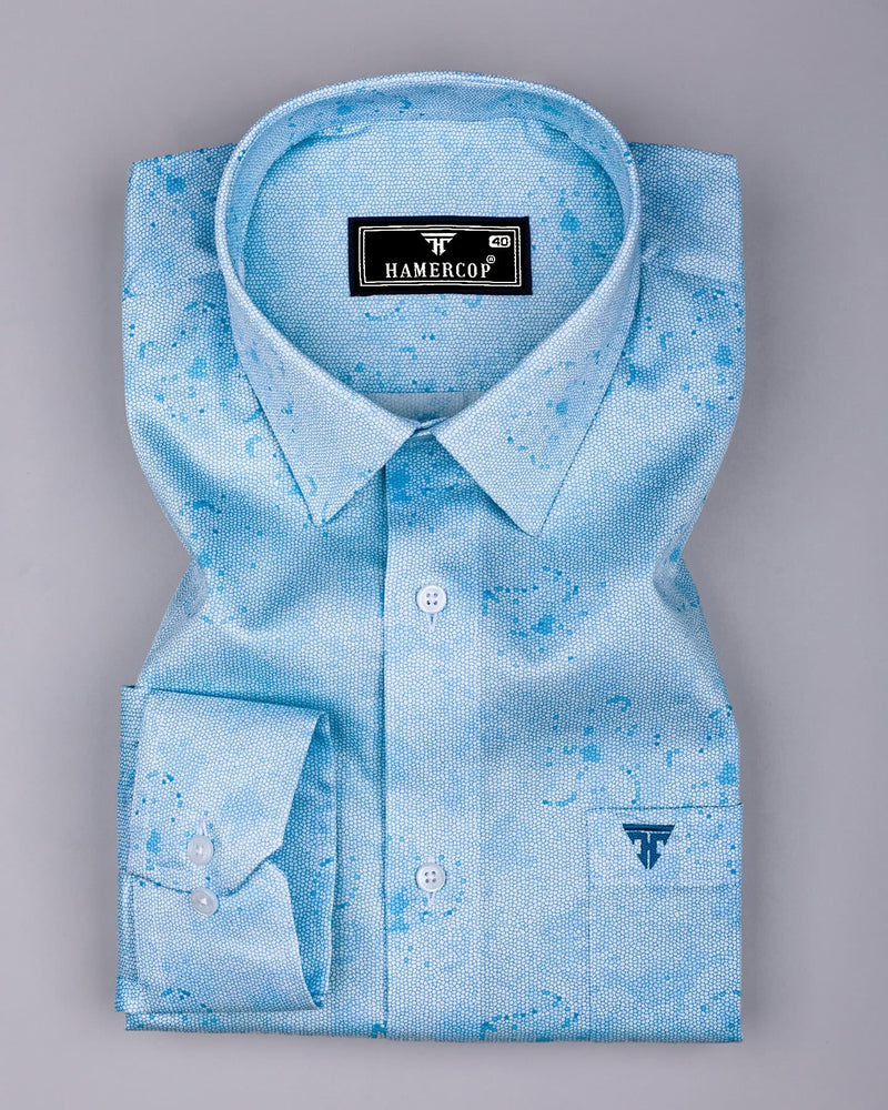Virgo Water Blue With White Printed Cotton Shirt
