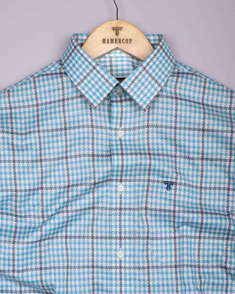 Tirana Blue With Off White Check Dobby Cotton Shirt