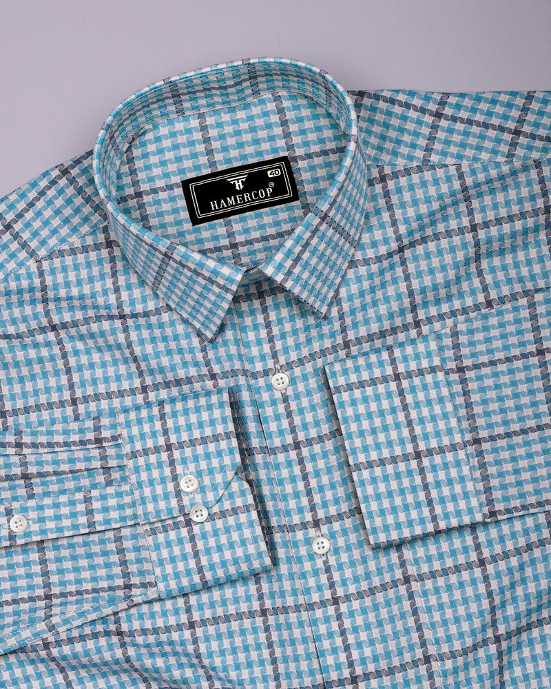 Tirana Blue With Off White Check Dobby Cotton Shirt