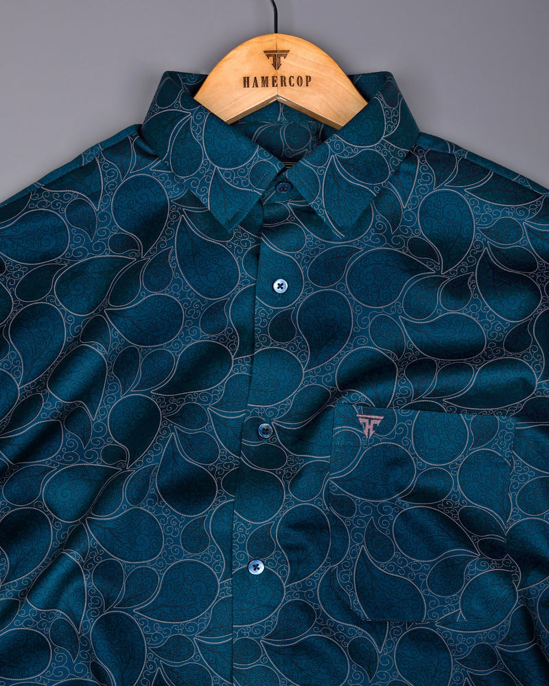 Morpichh Blue With Black Paisley Printed  Satin Cotton Shirt