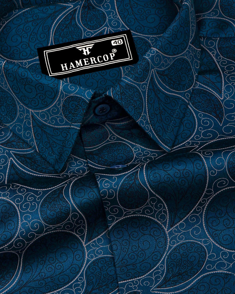 Morpichh Blue With Black Paisley Printed  Satin Cotton Shirt