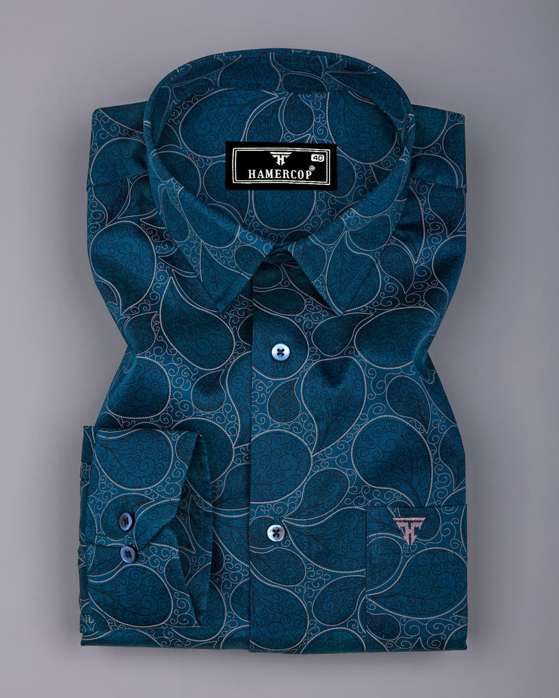 Morpichh Blue With Black Paisley Printed  Satin Cotton Shirt
