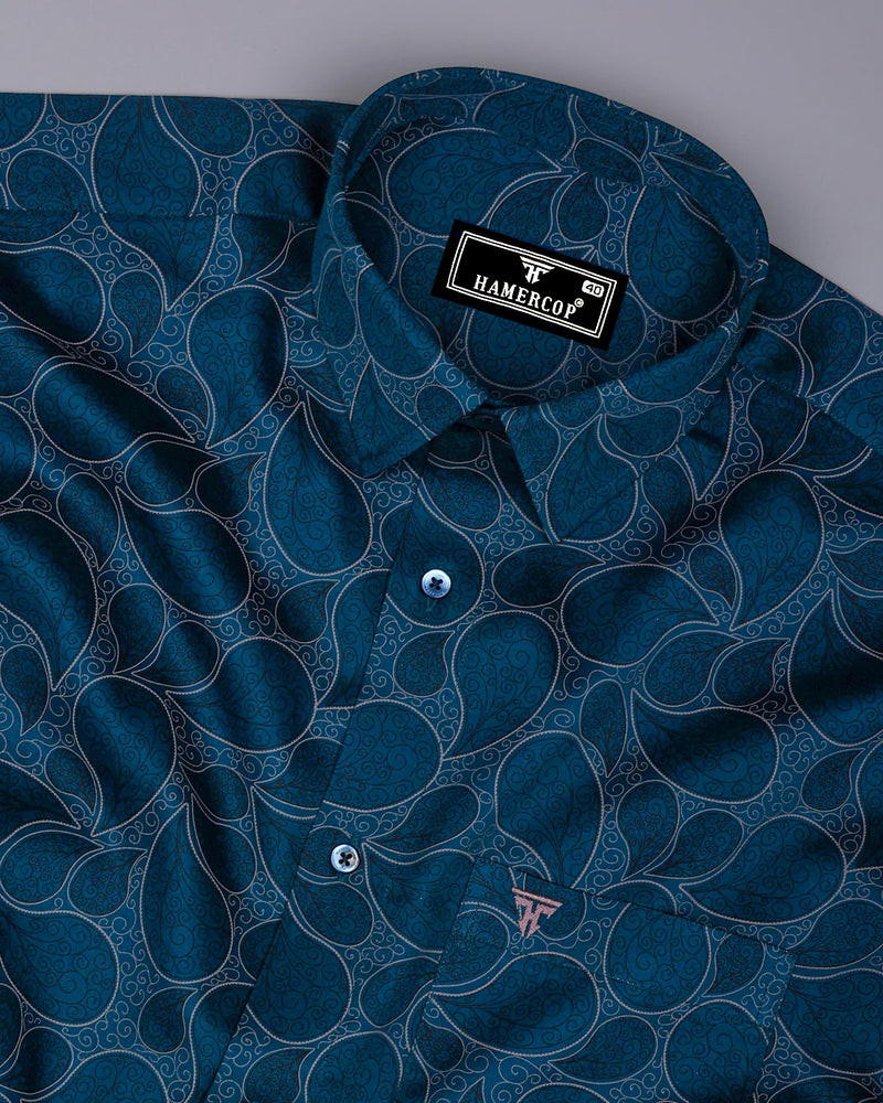 Morpichh Blue With Black Paisley Printed  Satin Cotton Shirt
