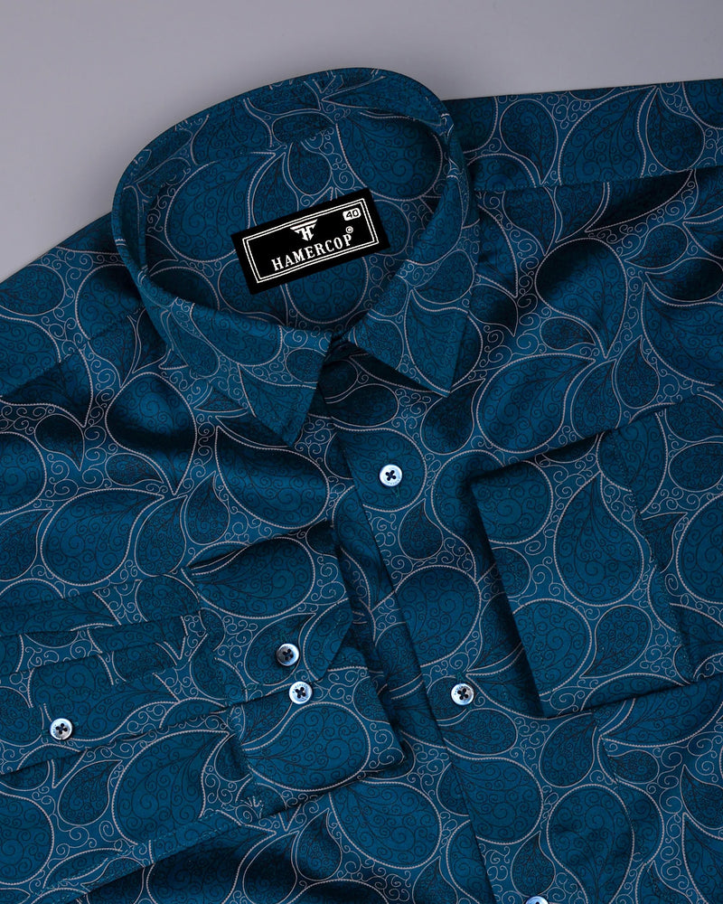 Morpichh Blue With Black Paisley Printed  Satin Cotton Shirt