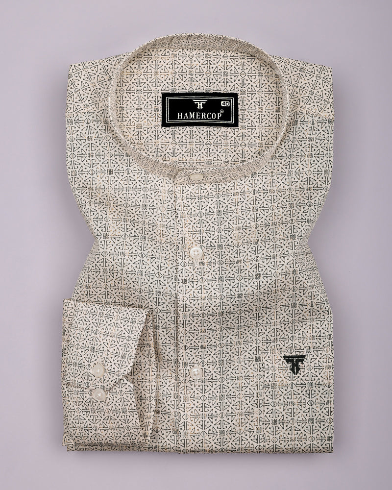 Confer Cream With Green Printed Cotton Shirt