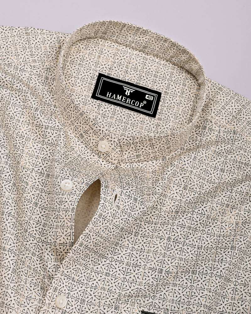 Confer Cream With Green Printed Cotton Shirt