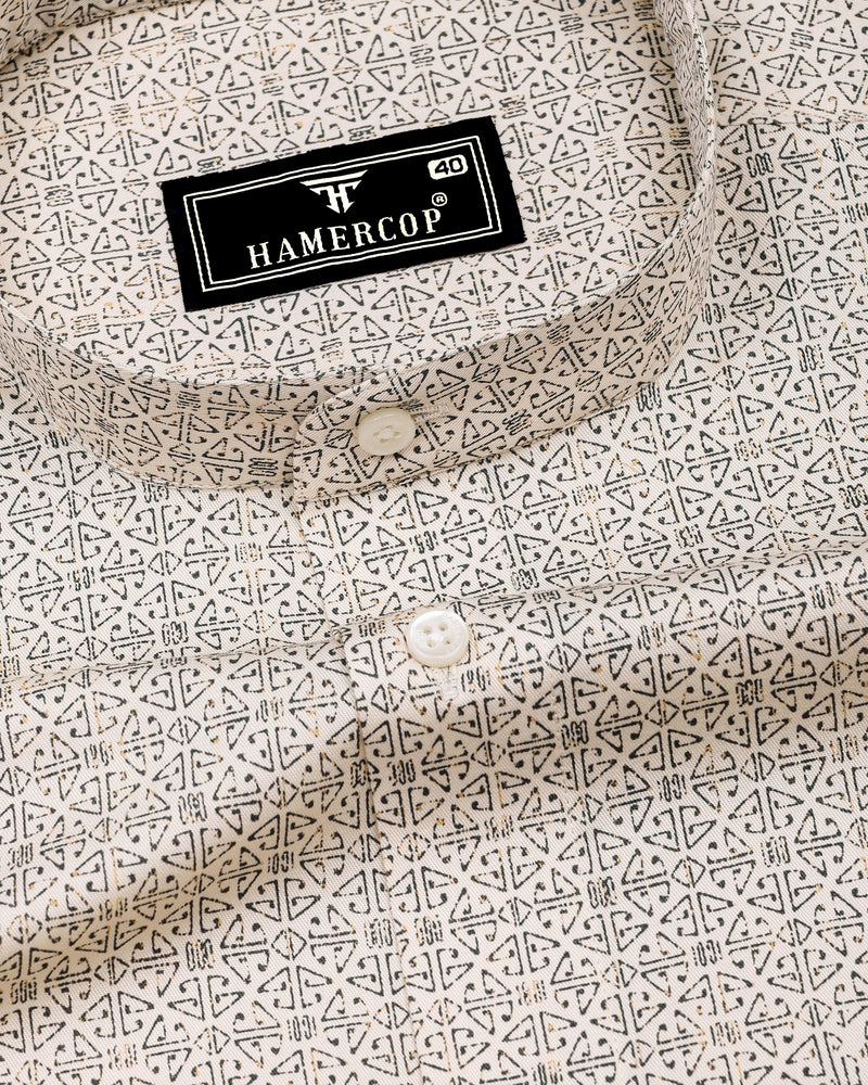 Confer Cream With Green Printed Cotton Shirt