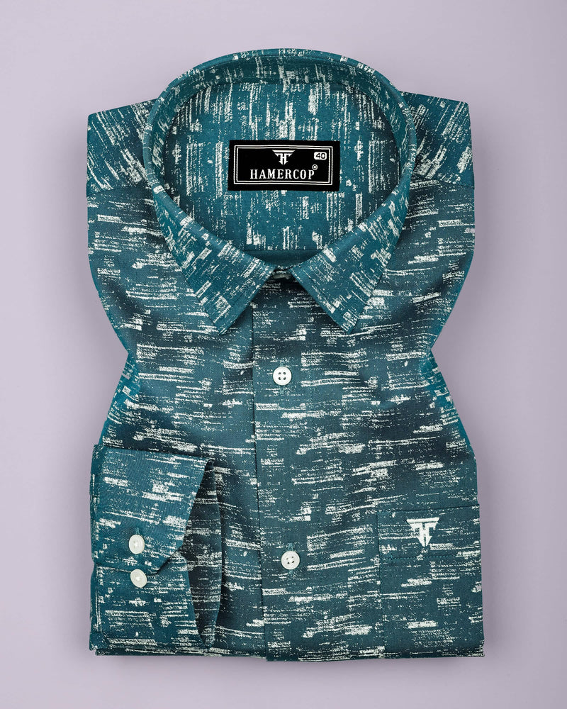 Hampy Teal Blue With White Printed Cotton Shirt