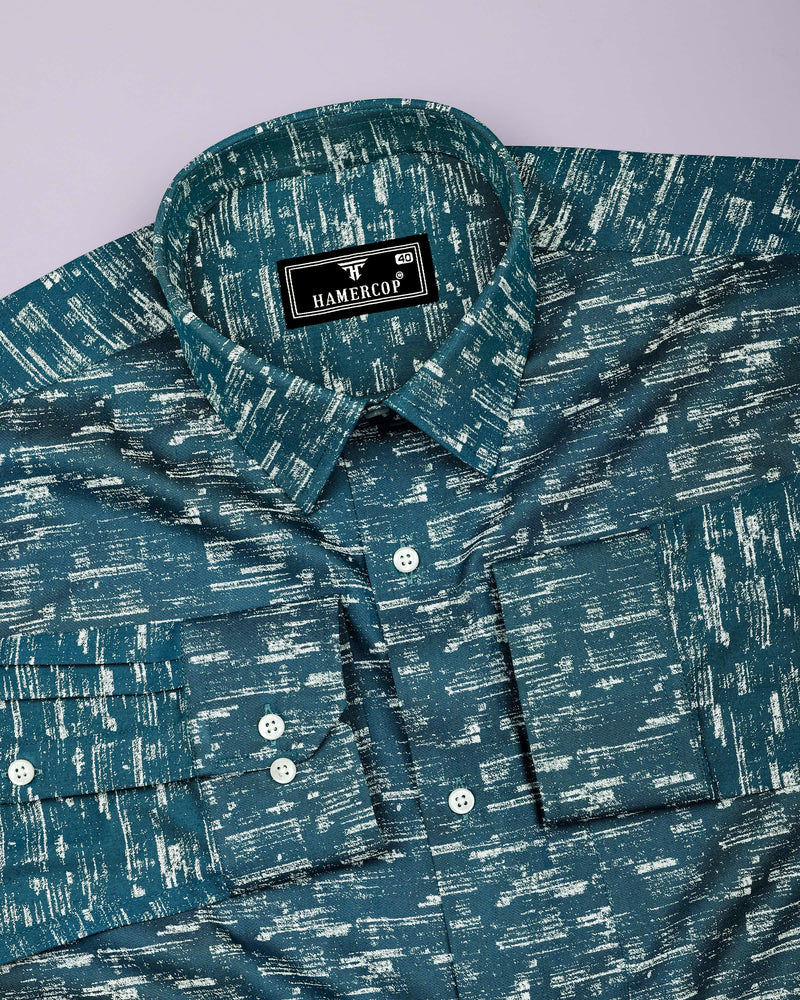 Hampy Teal Blue With White Printed Cotton Shirt