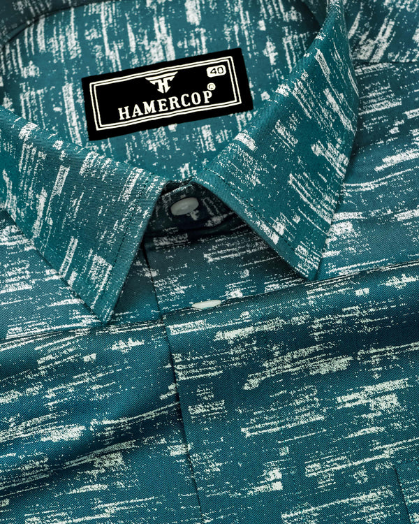 Hampy Teal Blue With White Printed Cotton Shirt