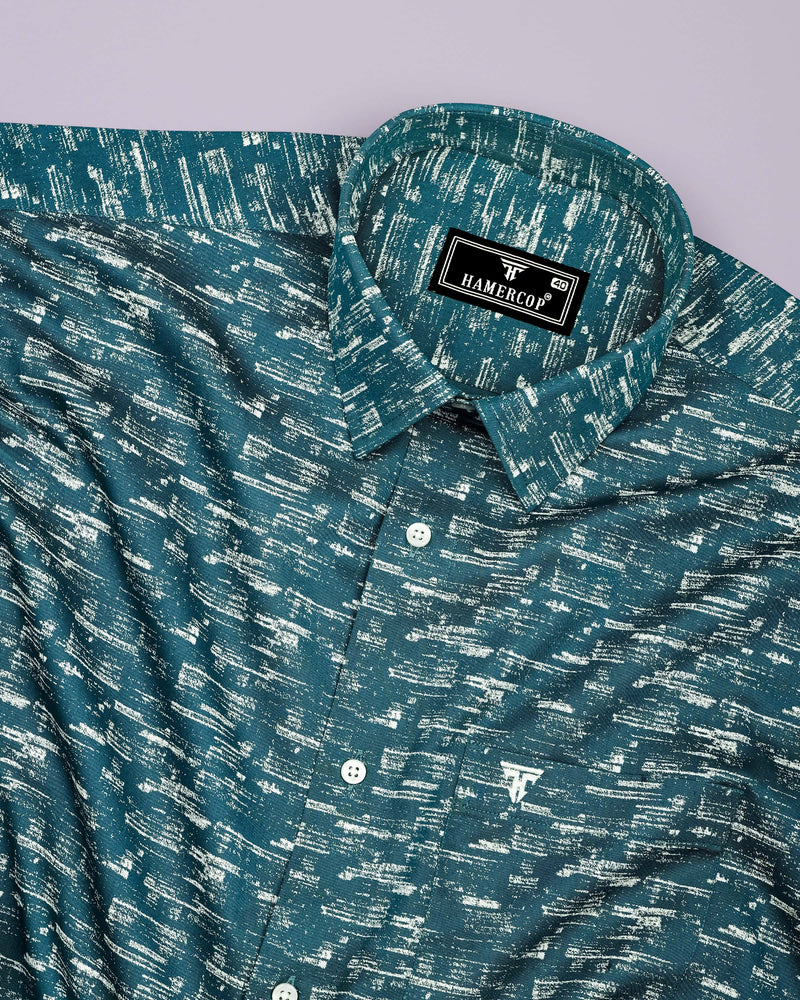 Hampy Teal Blue With White Printed Cotton Shirt