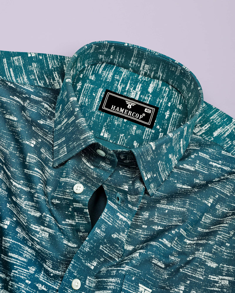 Hampy Teal Blue With White Printed Cotton Shirt