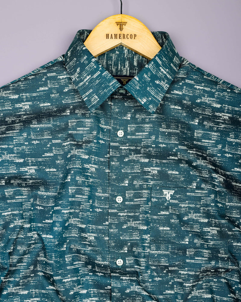 Hampy Teal Blue With White Printed Cotton Shirt