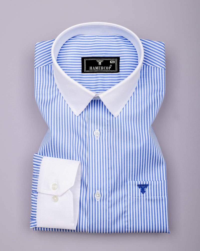 Sulfur Blue With White Stripe Premium Cotton Designer Shirt