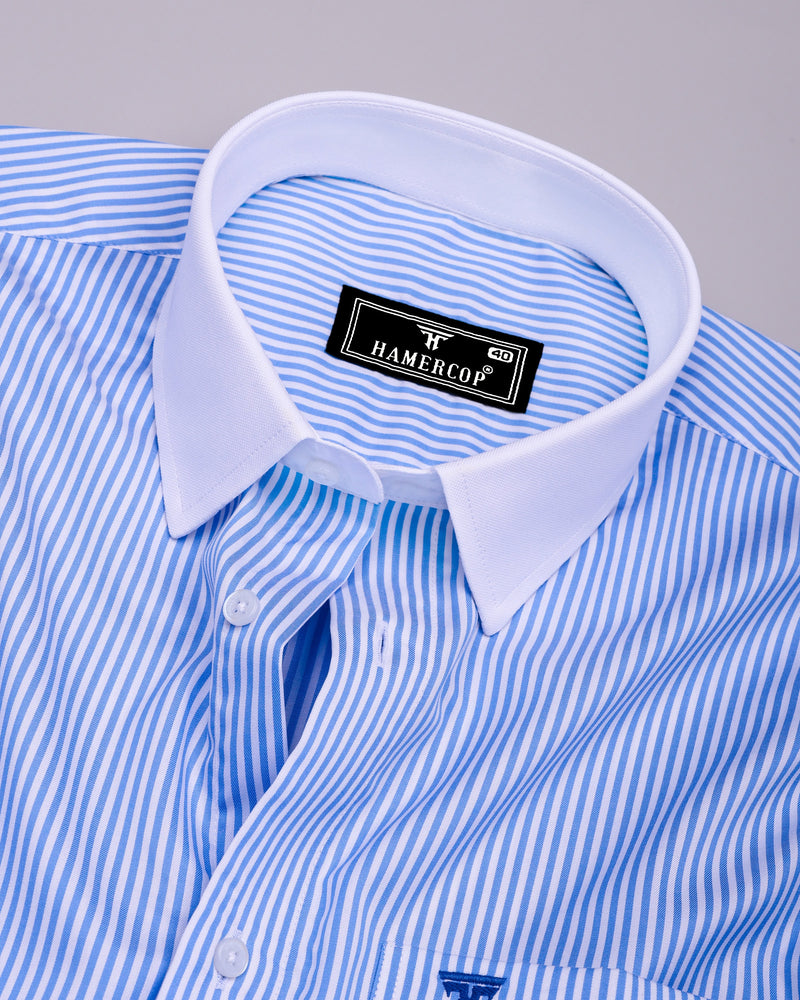 Sulfur Blue With White Stripe Premium Cotton Designer Shirt
