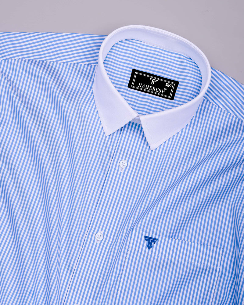 Sulfur Blue With White Stripe Premium Cotton Designer Shirt