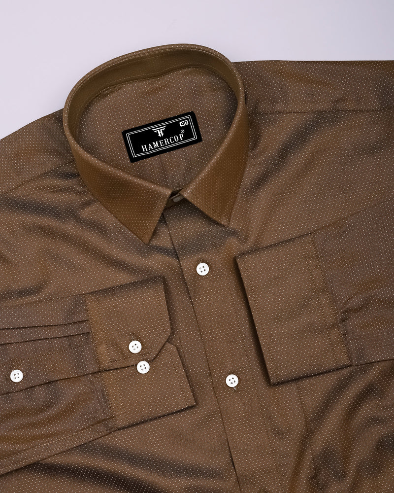 Wood Brown With White Jacquard Textured Cotton Shirt