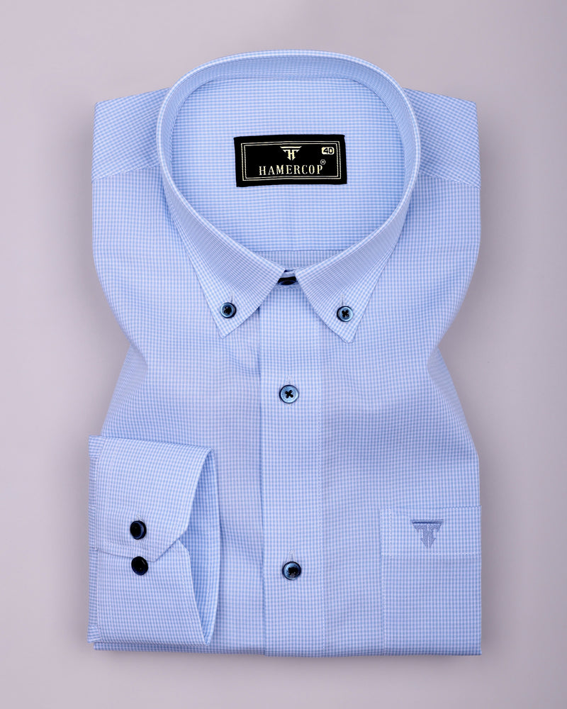 SkyBlue With White Micro Check Formal Cotton Shirt